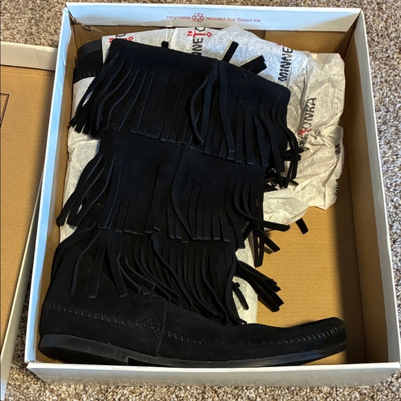 Minnetonka Black Fringe Suede Boots - Picture 2 of 5